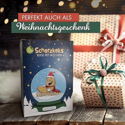 Scherzkeks Adventsbox mit 24 Keksen | Glückskekse mit lustigen Fragen & Antworten in dekorativer Weihnachtsbox, als Adventskalender, zu Weihnachten, Nikolaus, zum Wichteln, Silvester, Geschenk Set