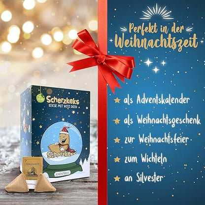 Scherzkeks Adventsbox mit 24 Keksen | Glückskekse mit lustigen Fragen & Antworten in dekorativer Weihnachtsbox, als Adventskalender, zu Weihnachten, Nikolaus, zum Wichteln, Silvester, Geschenk Set