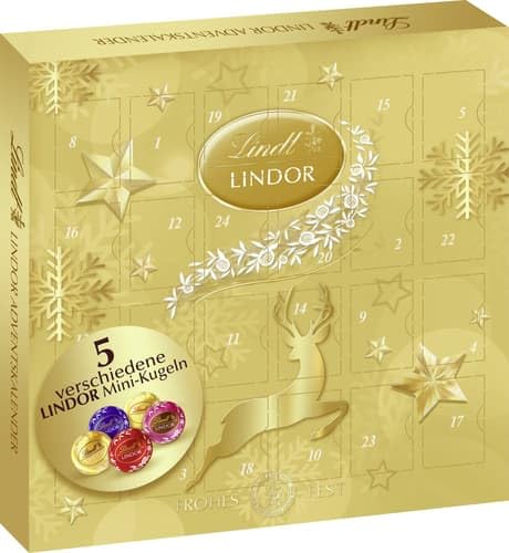 Lindt Schokolade LINDOR Mini Adventskalender 2024 | 109 g | 24 LINDOR Kugeln mit zartschmelzender Füllung | Schokolade für die Weihnachtszeit | Schokoladengeschenk | Pralinengeschenk