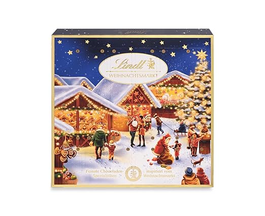 Lindt Schokolade Weihnachtsmarkt Mini-Tisch-Adventskalender 2024 , 115 g , 24 süße Mini Kugeln in verschiedenen Sorten , Schokolade für die Weihnachtszeit , Schokoladen-Geschenk