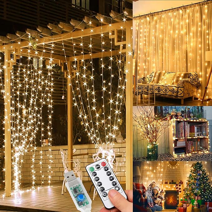 WEARXI Lichterkette, 3×3m 300 LED Lichtvorhang, 8 Modi LED Lichterkette Vorhang für Innen & Außen, Lichterkette für Outdoor, Zimmer, Party, Balkon deko, Weihnachtsdeko(Warmweiß)