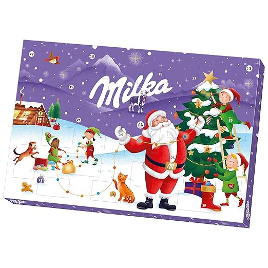 Milka Adventskalender 1 x 200g I Adventskalender mit Schokolade I Weihnachtskalender I Schoko Adventskalender I Schokolade aus 100% Alpenmilch mit Milchcrémefüllung I Zufälliges Design