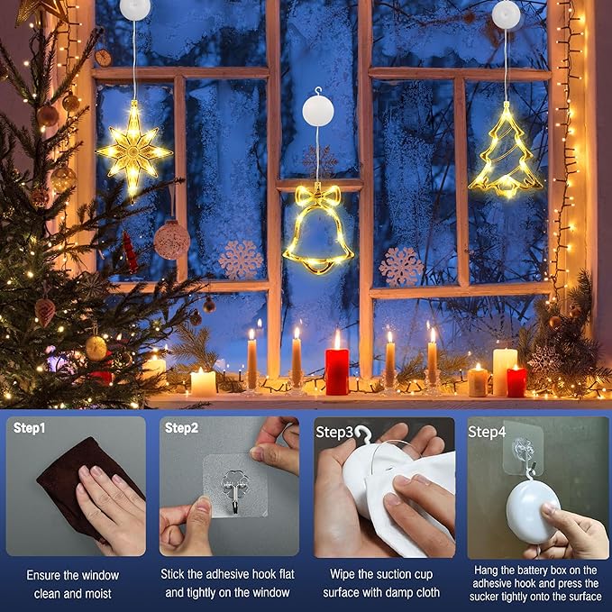 BrizLabs Fenster Weihnachtsbeleuchtung, 3 Stück Innen Fensterlichter Weihnachtsbaum Glocke Nordstern Batteriebetriebene Hängend Saugnäpfe für Weihnachten Bäume Haus Außen Garten Balkon Party, Warmweiß