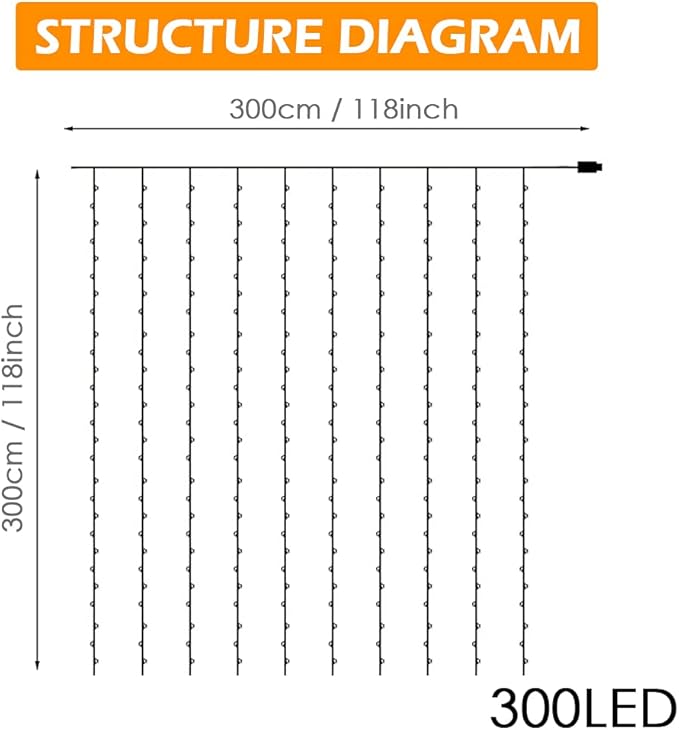 WEARXI Lichterkette, 3×3m 300 LED Lichtvorhang, 8 Modi LED Lichterkette Vorhang für Innen & Außen, Lichterkette für Outdoor, Zimmer, Party, Balkon deko, Weihnachtsdeko(Warmweiß)