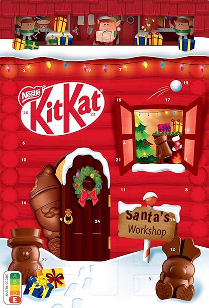 KitKat NESTLÉ KITKAT Adventskalender Schokolade mit 3D-Effekt, Weihnachtskalender mit 24 Schokoladenfiguren und Kugeln mit Knusperstückchen, 1er Pack (1 x 208g)