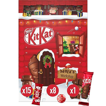 KitKat NESTLÉ KITKAT Adventskalender Schokolade mit 3D-Effekt, Weihnachtskalender mit 24 Schokoladenfiguren und Kugeln mit Knusperstückchen, 1er Pack (1 x 208g)