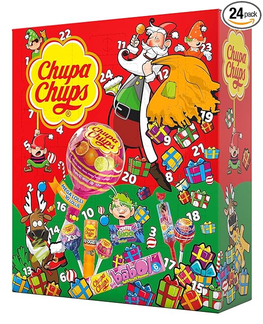 Chupa Chups XXL Adventskalender 2024, 24 Türchen mit einem Mix aus verschiedenen Lutscher- & Kaugummi-Sorten, Süßigkeiten Weihnachtskalender, 1x872g