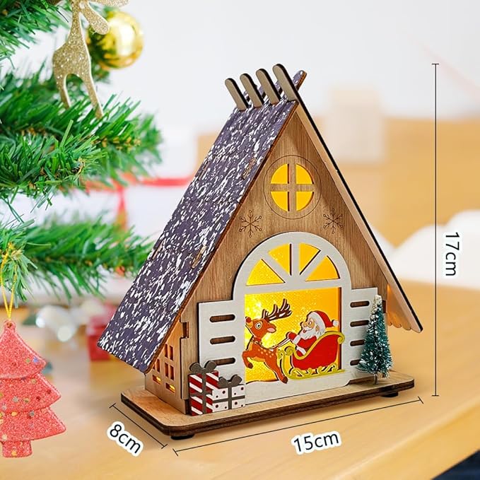 2 Stück Holz Weihnachtsdeko mit LED Lichtern, Weihnachtshaus Dekoration, Weihnachtsdeko Innen Weihnachtsbeleuchtung Batterie Betrieben, LED Deko Weihnachten Fenster Tischdeko, Winter