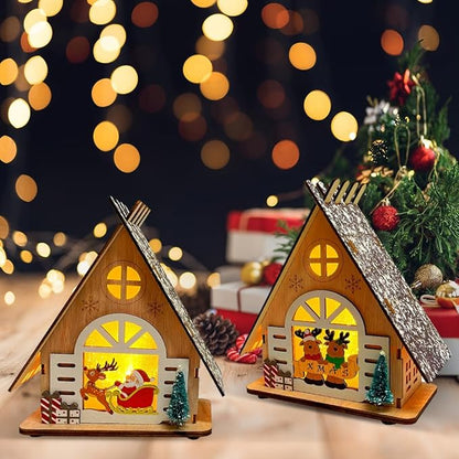 2 Stück Holz Weihnachtsdeko mit LED Lichtern, Weihnachtshaus Dekoration, Weihnachtsdeko Innen Weihnachtsbeleuchtung Batterie Betrieben, LED Deko Weihnachten Fenster Tischdeko, Winter