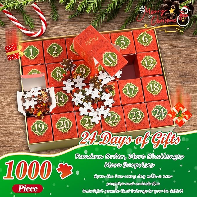 HappyGoLucky Adventskalender 2024 Puzzle Erwachsene, Jigsaw Puzzle 1000 Teile Weihnachten Geschenke für Erwachsene und Kinder Weihnachtskalender für Männer und Frauen Geschenk Nikolaus Mädchen Junge