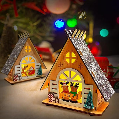 2 Stück Holz Weihnachtsdeko mit LED Lichtern, Weihnachtshaus Dekoration, Weihnachtsdeko Innen Weihnachtsbeleuchtung Batterie Betrieben, LED Deko Weihnachten Fenster Tischdeko, Winter