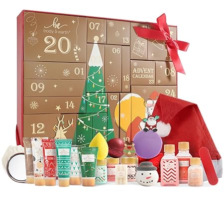 Body & Earth Adventskalender Weihnachtsgeschenke Geschenkset für Frauen 24tlg. Badesets für Frauen Geschenkbox mit Duftkerze, Badebomben, Weihnachtsdekoration, Weihnachts-Spa-Geschenkset für Mama