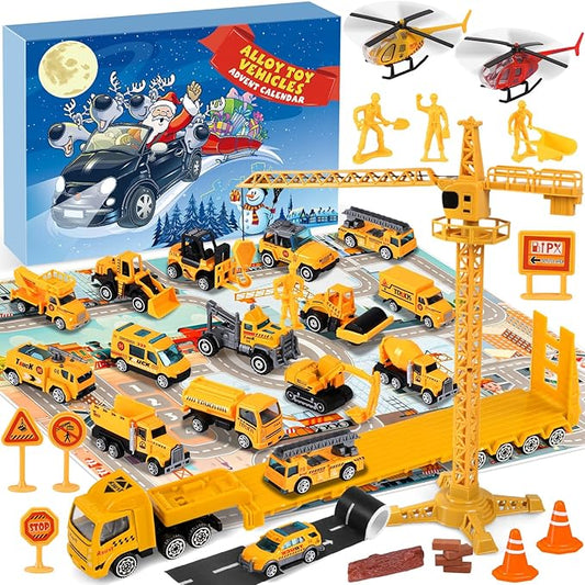 iZoeL Adventskalender 2024 Autos Kinder Junge 24 Fahrzeuge aus Legierung Baustelle Bagger Lastwagen Flugzeuge Baufahrzeug Fahrzeugekalender Weihnachtskalender