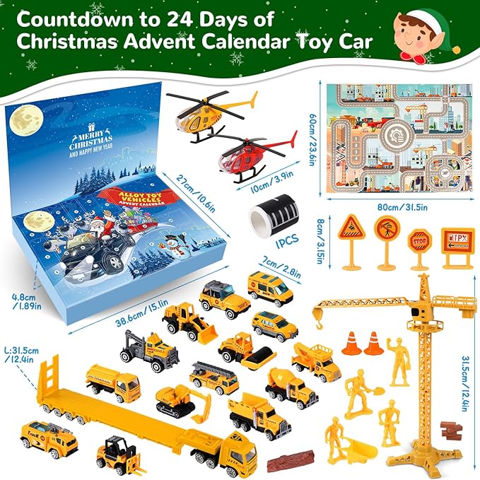 iZoeL Adventskalender 2024 Autos Kinder Junge 24 Fahrzeuge aus Legierung Baustelle Bagger Lastwagen Flugzeuge Baufahrzeug Fahrzeugekalender Weihnachtskalender