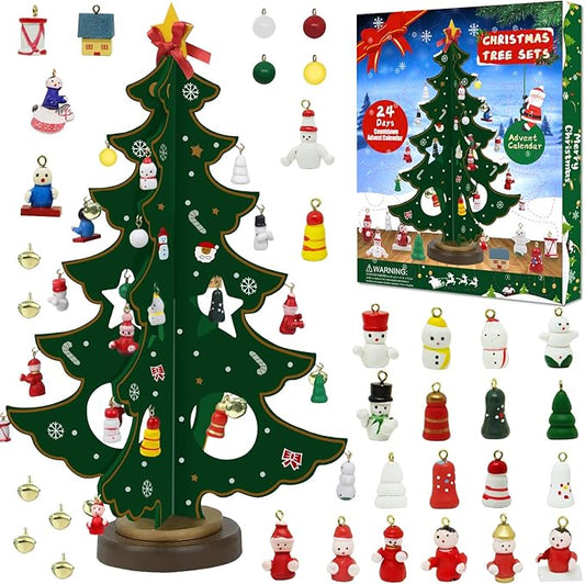 2024 Adventskalender Hölzernen Weihnachtsbaum mit 35 Ornamenten 24 Tage Countdown bis Weihnachten Adventskalender Weihnachtsgeschenke für Erwachsene und Kinder, Geburtstagsgeschenke Home Decoration