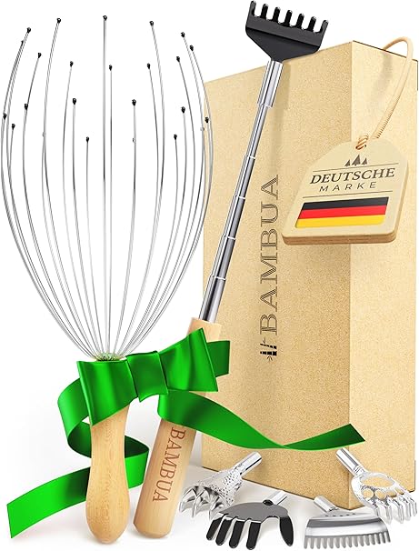 Kopfmassage Spinne & Rückenkratzer Set für nachhaltige Entspannung - 100% All-Inclusive Geschenkset inkl. 2x Schleifen - Kleine Geschenke für Männer, Geschenke für Frauen, Weihnachtsgeschenke