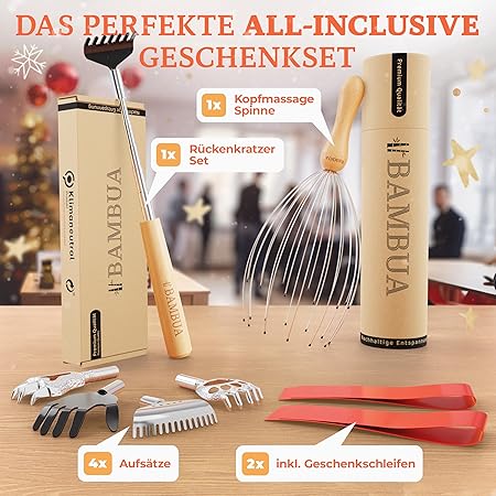 Kopfmassage Spinne & Rückenkratzer Set für nachhaltige Entspannung - 100% All-Inclusive Geschenkset inkl. 2x Schleifen - Kleine Geschenke für Männer, Geschenke für Frauen, Weihnachtsgeschenke