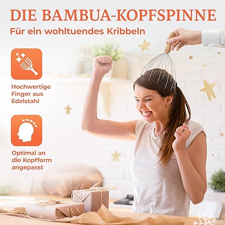 Kopfmassage Spinne & Rückenkratzer Set für nachhaltige Entspannung - 100% All-Inclusive Geschenkset inkl. 2x Schleifen - Kleine Geschenke für Männer, Geschenke für Frauen, Weihnachtsgeschenke