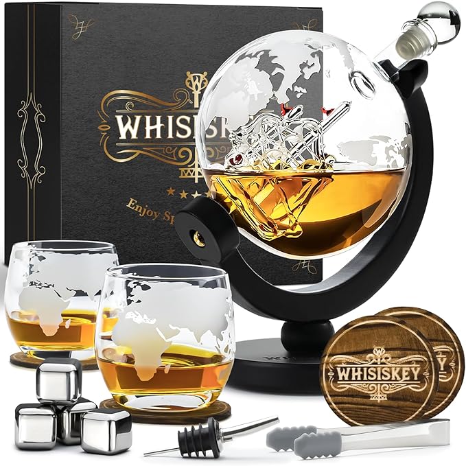 WHISISKEY Whisky Karaffe Set - Whiskey Geschenkset - Geschenke für Männer - Männergeschenke Geschenk - Geburtstagsgeschenk Mann - Globus Dekanter 900ML, Geschenkbox, 2 Whisky Gläser, 4 Whisky Steine