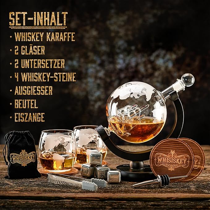 WHISISKEY Whisky Karaffe Set - Whiskey Geschenkset - Geschenke für Männer - Männergeschenke Geschenk - Geburtstagsgeschenk Mann - Globus Dekanter 900ML, Geschenkbox, 2 Whisky Gläser, 4 Whisky Steine