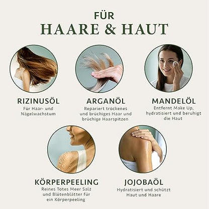 Weihnachtsgeschenke für Frauen - Verwöhnendes Geschenkset Frauen mit BIO Arganöl + Rizinusöl + Mandelöl + Jojobaöl + Body Scrub aus Totes Meer Salz – Geschenke für Frauen - Satin Naturel