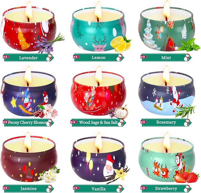 Duftkerzen Weihnachten, Weihnachtsgeschenke für Frauen Männer, 9 Duft Candle Duftkerzen im Glas mit Sojawachs, Aromatherapie Kleine Kerzen Weihnachtskerzen Geschenkset für Kollegen, Mama, Freundin