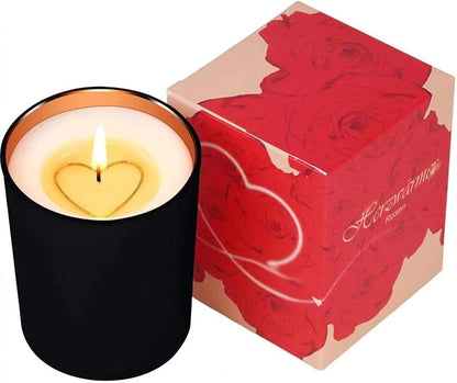 HERZWÄRMER Kerzen mit Herz-Inlay in Rosen Geschenkverpackung Schwarzer Becher, Candles Geschenkkerzen als spezielle Geschenkidee für Geburtstag, Valentinstag Liebe Freundschaft Wärme