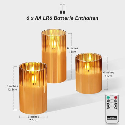 Rhytsing 3 Gold LED Kerzen im Glas mit Timerfunktion, Riffelglas Flammenlose Kerzen mit Fernbedienung und Batterien Enthalten, H 10/12,5/15cm