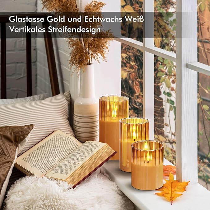 Rhytsing 3 Gold LED Kerzen im Glas mit Timerfunktion, Riffelglas Flammenlose Kerzen mit Fernbedienung und Batterien Enthalten, H 10/12,5/15cm