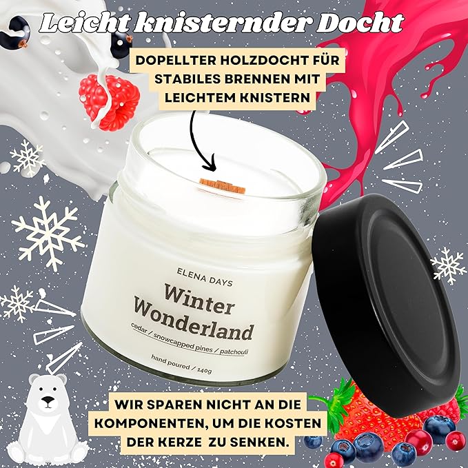 Duftkerze Winter Wonderland, Weihnachten, Christmas, Sojawachs, Kerze mit Holzdocht, Handgefertigte Kerze 140 gramm, Brenndauer 45 Stunden, deutsche Marke, Elena Days