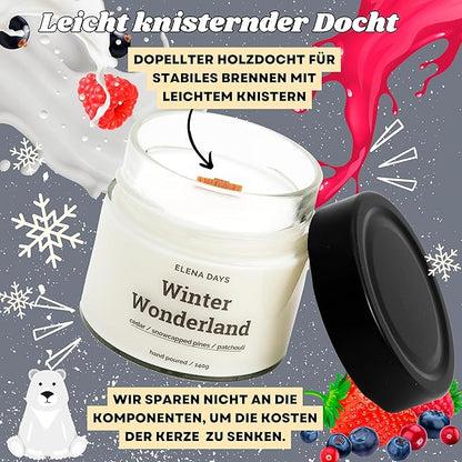 Duftkerze Winter Wonderland, Weihnachten, Christmas, Sojawachs, Kerze mit Holzdocht, Handgefertigte Kerze 140 gramm, Brenndauer 45 Stunden, deutsche Marke, Elena Days