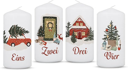 GRAVURZEILE Bedruckte Weihnachtskerzen - Advent Weihnachtsmotive - Kleine Kerzen im 4er Set für den Adventskranz - Dekoration zu Weihnachten - Geschenk für Sie & Ihn - Stumpenkerze 120/58