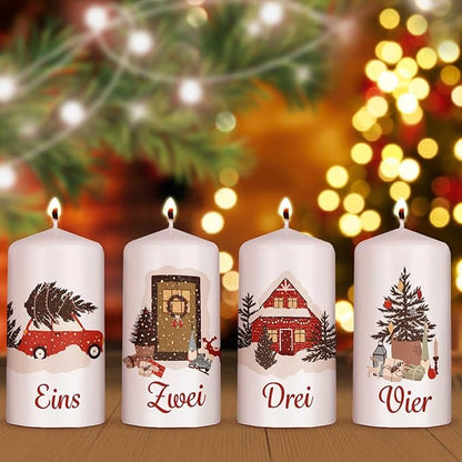 GRAVURZEILE Bedruckte Weihnachtskerzen - Advent Weihnachtsmotive - Kleine Kerzen im 4er Set für den Adventskranz - Dekoration zu Weihnachten - Geschenk für Sie & Ihn - Stumpenkerze 120/58