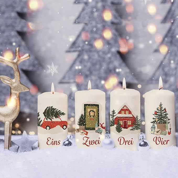 GRAVURZEILE Bedruckte Weihnachtskerzen - Advent Weihnachtsmotive - Kleine Kerzen im 4er Set für den Adventskranz - Dekoration zu Weihnachten - Geschenk für Sie & Ihn - Stumpenkerze 120/58