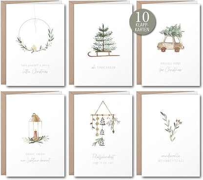 luftundliebe Weihnachtskarten - 10 Weihnachtskarten mit Umschlag Set - A6 Klappkarten Set mit weihnachtlichen Motiven - Weihnachtspostkarte - Aquarell