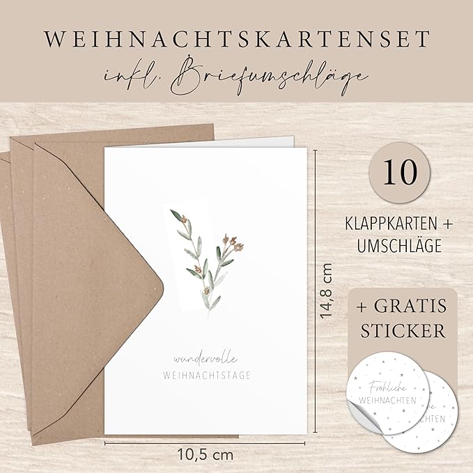 luftundliebe Weihnachtskarten - 10 Weihnachtskarten mit Umschlag Set - A6 Klappkarten Set mit weihnachtlichen Motiven - Weihnachtspostkarte - Aquarell