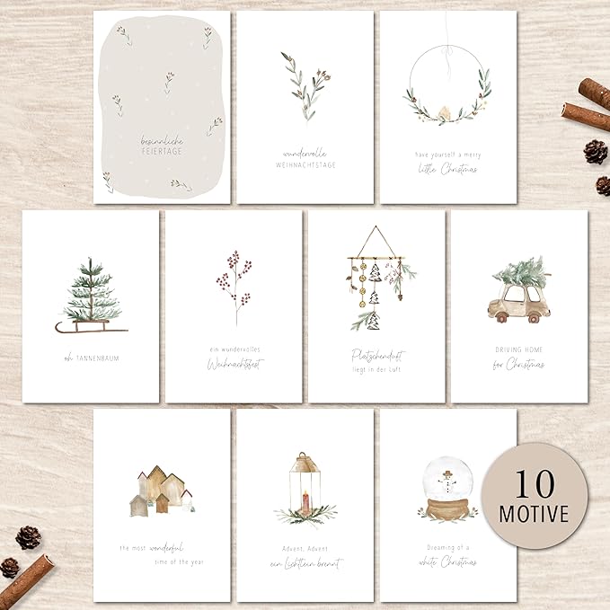 luftundliebe Weihnachtskarten - 10 Weihnachtskarten mit Umschlag Set - A6 Klappkarten Set mit weihnachtlichen Motiven - Weihnachtspostkarte - Aquarell