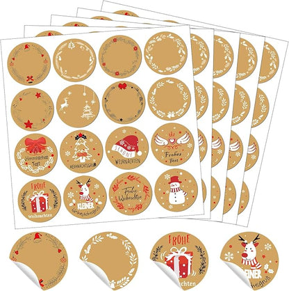 Aufkleber weihnachten, 10 Stücke, Weihnachtsaufkleber Selbstklebend, Rund Geschenkaufkleber, 16 Muster, Frohe Weihnachten Etiketten Kraftpapier, für Umschlag, Weihnachtskarten Geschenktüten