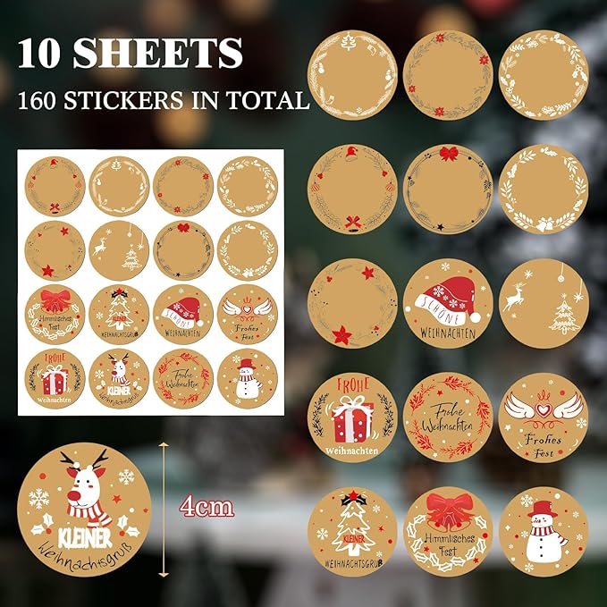 Aufkleber weihnachten, 10 Stücke, Weihnachtsaufkleber Selbstklebend, Rund Geschenkaufkleber, 16 Muster, Frohe Weihnachten Etiketten Kraftpapier, für Umschlag, Weihnachtskarten Geschenktüten