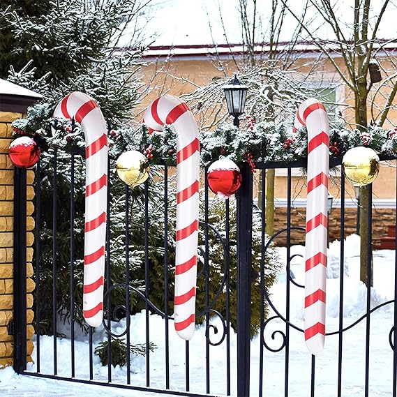 3 Stück 87 cm Aufblasbare Zuckerstangen Weihnachtsdeko,Groß Grinch Deko Weihnachten Outdoor Haustür Zuckerstangen Christbaumschmuck(Rot-Weiß)