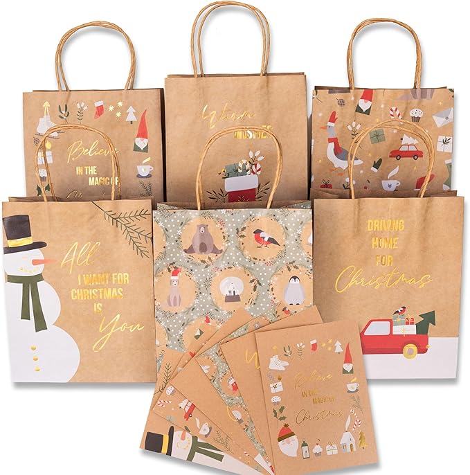 Papierdrachen 6 goldfolierte Geschenktüten zu Weihnachten - Scandi - 22x18x8cm - inkl. 6 Weihnachtskarten - weihnachtliche Geschenkverpackung - Henkeltüten Set 4