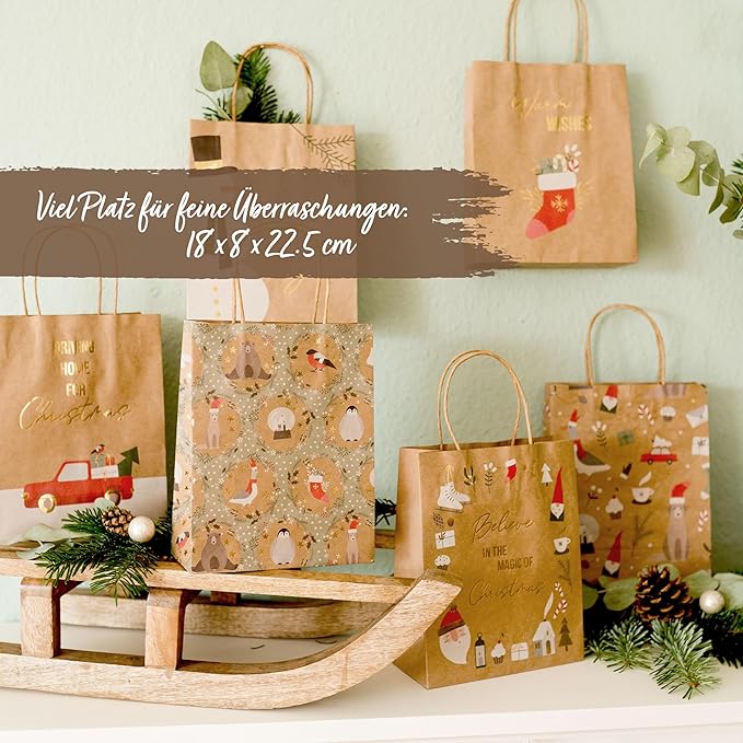 Papierdrachen 6 goldfolierte Geschenktüten zu Weihnachten - Scandi - 22x18x8cm - inkl. 6 Weihnachtskarten - weihnachtliche Geschenkverpackung - Henkeltüten Set 4