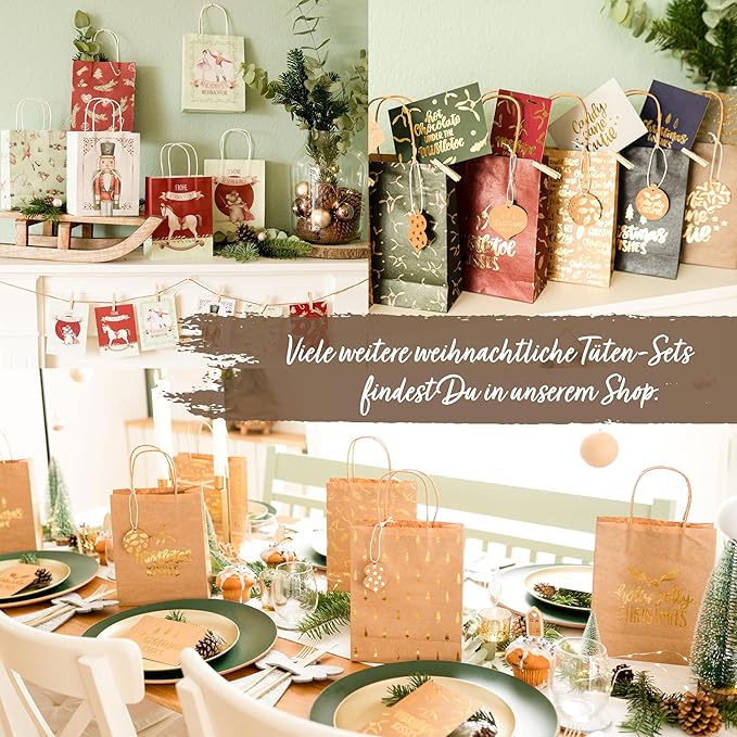 Papierdrachen 6 goldfolierte Geschenktüten zu Weihnachten - Scandi - 22x18x8cm - inkl. 6 Weihnachtskarten - weihnachtliche Geschenkverpackung - Henkeltüten Set 4