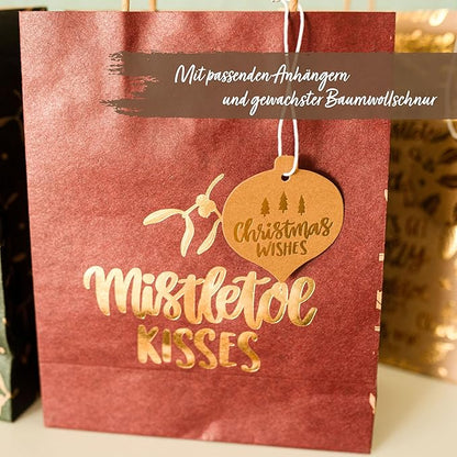 Papierdrachen 6 goldfolierte Geschenktüten zu Weihnachten - Christmas - 22x18x8cm - inkl. 6 Weihnachtskarten und Stanzanhänger - weihnachtliche Geschenkverpackung - Henkeltüten Set 2