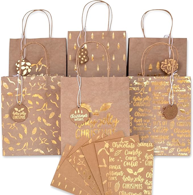 Papierdrachen 6 goldfolierte Geschenktüten zu Weihnachten - Holly Jolly - 22x18x8cm - inkl. 6 Weihnachtskarten und Stanzanhänger - weihnachtliche Geschenkverpackung - Henkeltüten Set 1