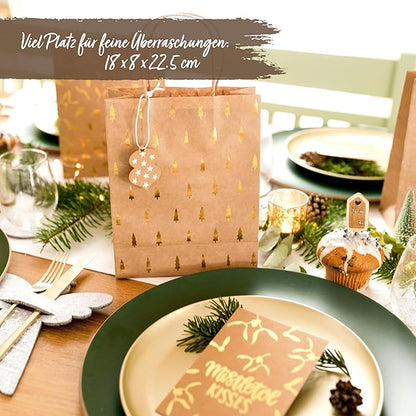 Papierdrachen 6 goldfolierte Geschenktüten zu Weihnachten - Holly Jolly - 22x18x8cm - inkl. 6 Weihnachtskarten und Stanzanhänger - weihnachtliche Geschenkverpackung - Henkeltüten Set 1