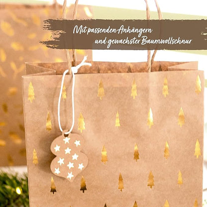 Papierdrachen 6 goldfolierte Geschenktüten zu Weihnachten - Holly Jolly - 22x18x8cm - inkl. 6 Weihnachtskarten und Stanzanhänger - weihnachtliche Geschenkverpackung - Henkeltüten Set 1