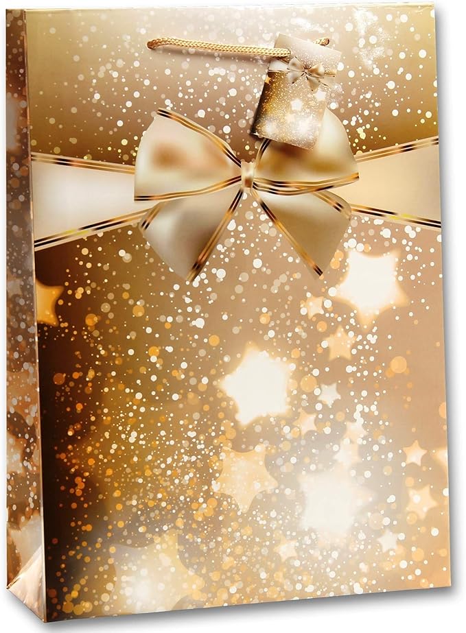 Bambelaa! 12 Stück Geschenktüten Weihnachten Geschenktaschen Groß Papiertüten Weihnachtstüten 157 g Papier Gold Glänzend (Ca. 25x8,5x34,5 cm)