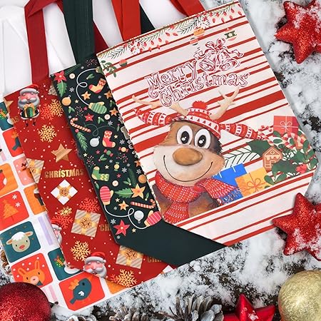 AhfuLife 8 Stück Geschenktüten Weihnachten, 21 * 26 * 12cm Non Woven Weihnachtstaschen Weihnachtstüten Geschenktaschen mit Griffen, Wiederverwendbare Weihnachtsgeschenktüten, Weihnachts Geschenktüten