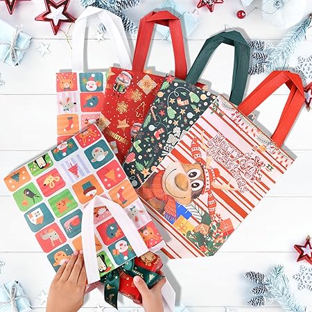 AhfuLife 8 Stück Geschenktüten Weihnachten, 21 * 26 * 12cm Non Woven Weihnachtstaschen Weihnachtstüten Geschenktaschen mit Griffen, Wiederverwendbare Weihnachtsgeschenktüten, Weihnachts Geschenktüten